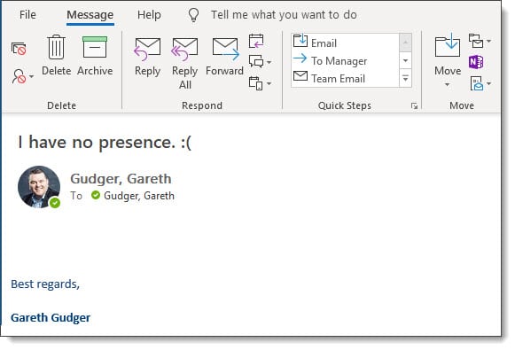 Presence data showing correctly in Microsoft Outlook.