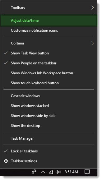 Adjust Date Time in Windows 10